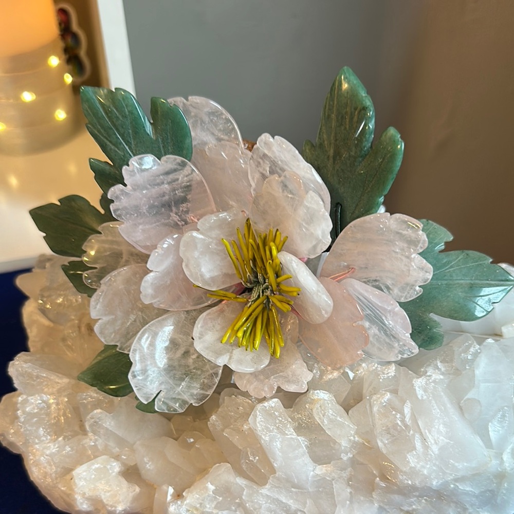 Elegant Calcite Crystal Flower Arrangement - Green Pink and Yellow Accents